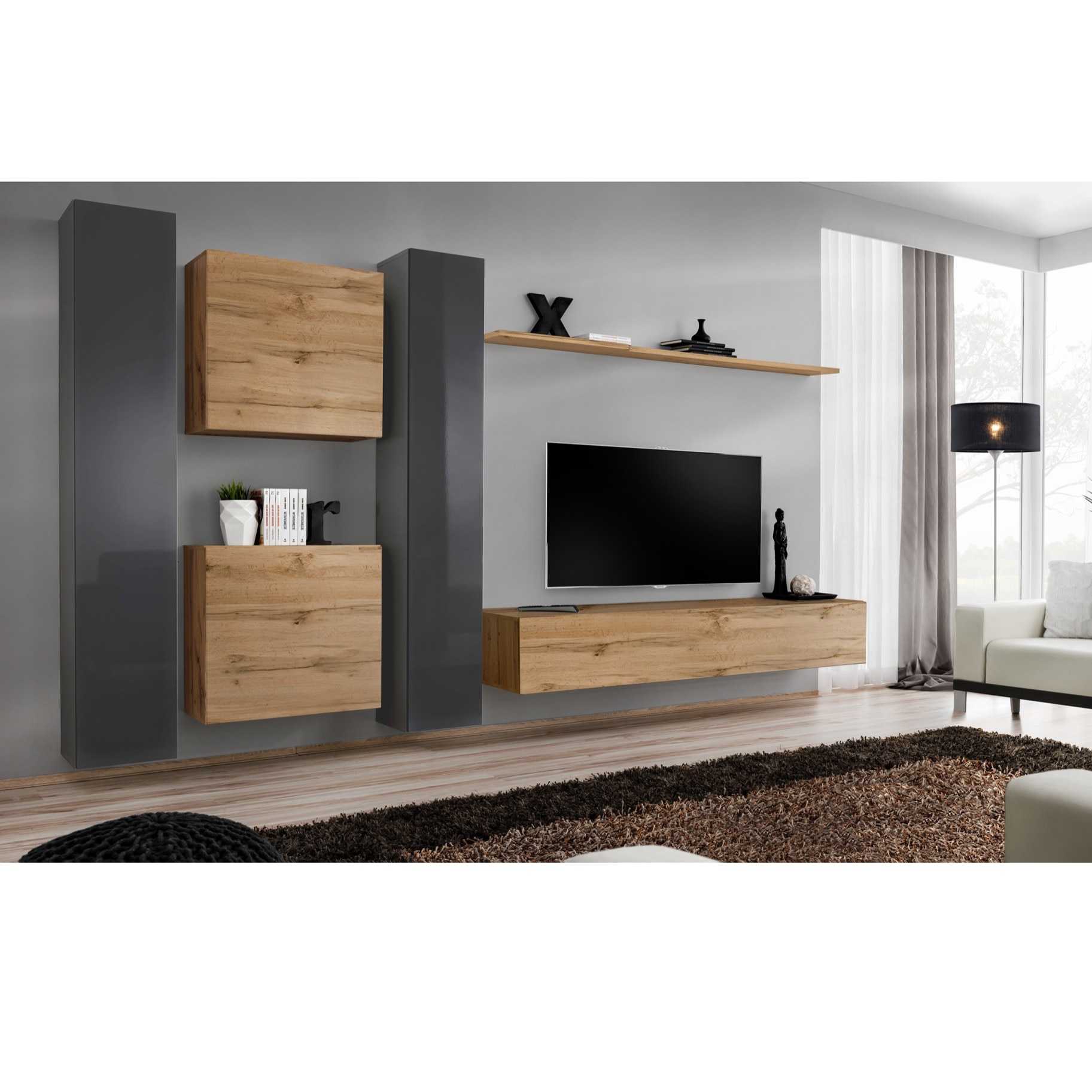 Set Living Genarom Switch6 GWT SW 6, Grafit / Stejar Wotan, 330 x 180 x 40 cm