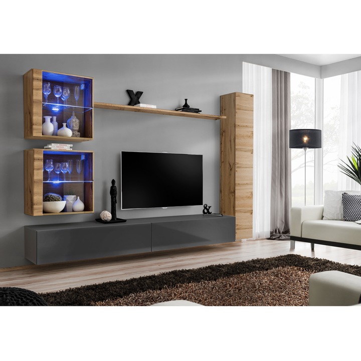 Set Living Genarom Switch18 WTG SW 18, Stejar Wotan/Grafit, 280 x 180 x 40 cm