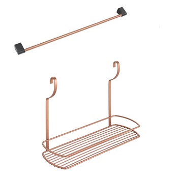 Etajera cu un raft 35x13x26 cm, cu bara suport inclusa pentru recipiente, finisaj cupru Etajera cu un raft 35x13x26 cm, cu bara suport inclusa pentru recipiente, finisaj cupru