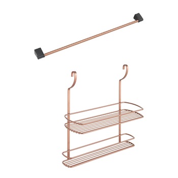 Etajera cu doua rafturi 35x13x38 cm, cu bara suport inclusa pentru recipiente, finisaj cupru Etajera cu doua rafturi 35x13x38 cm, cu bara suport inclusa pentru recipiente, finisaj cupru