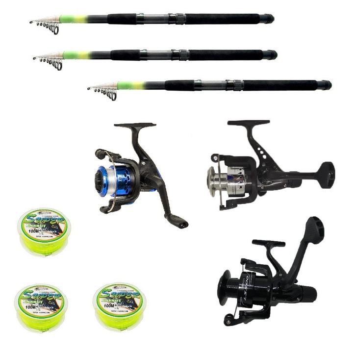 Set 3 mulinete echipate pentru pescuit sportiv cu lansete de 3.6m si fir