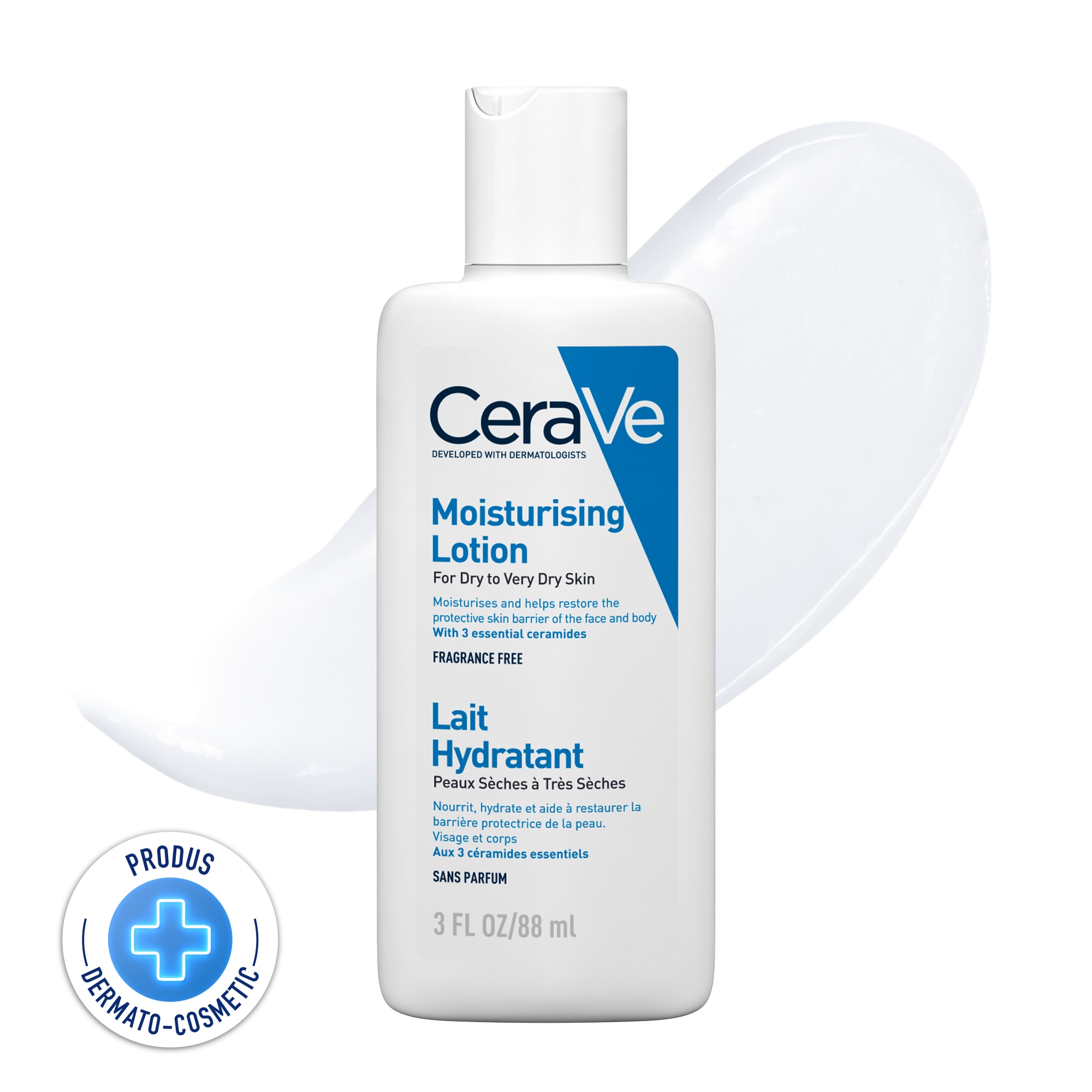 Lotiune hidratanta pentru fata si corp travel size CeraVe cu ceramide si acid hialuronic, pentru piele uscata si foarte uscata, 88 ml