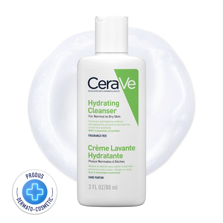 Почистващ гел travel size CeraVe, Хидратиращ, С керамиди и хиалуронова киселина, Нормална-суха кожа, 88 мл