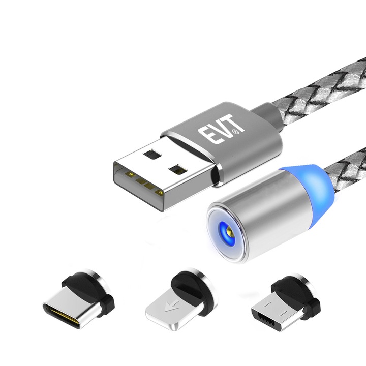 Кабел EVTrend® PREMIUM MAGNETIC, За зареждане, 3 в 1, USB-C, Micro-USB, Съвместим с Apple, Алуминиеви метални конектори, Найлонов композитен, Плетен, USB, 5V, 2A, 1м, LED, Сребрист