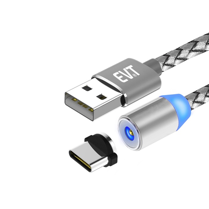 EVTrend® PREMIUM MAGNETIC кабел за зареждане, USB-C, алуминиев метален конектор, плетен композитен найлонов защитен капак, за Android телефон или таблет, USB, USB-C, 5V, 2A, 1m, LED, СРЕБЪР