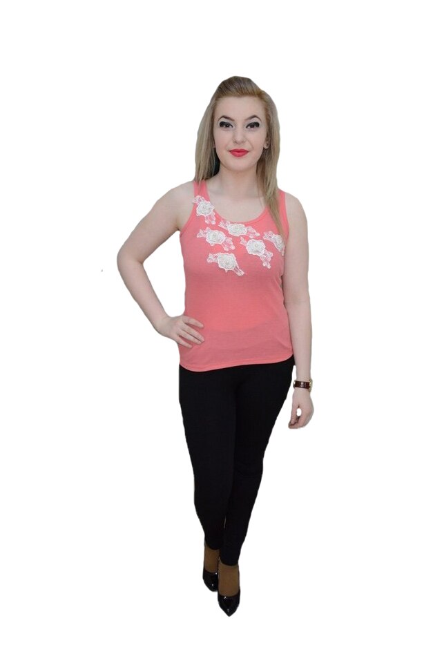 Tricou rafinat fara maneca si bretele late,cu broderie alba,D&J Exclussive, Corai