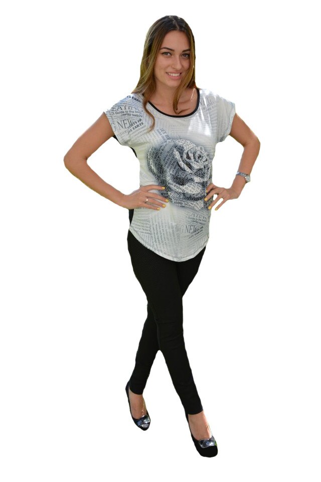 Tricou din material fin cu design floral, model cu strasuri,D&J Exclussive, Negru