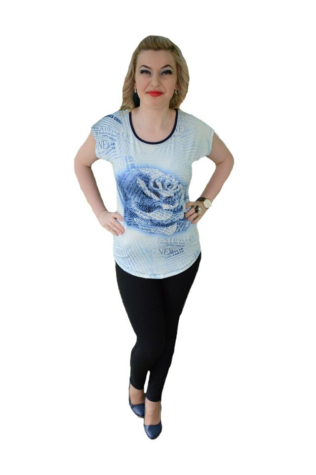 Tricou din material fin cu design floral, model cu strasuri,D&J Exclussive, Bleumarin