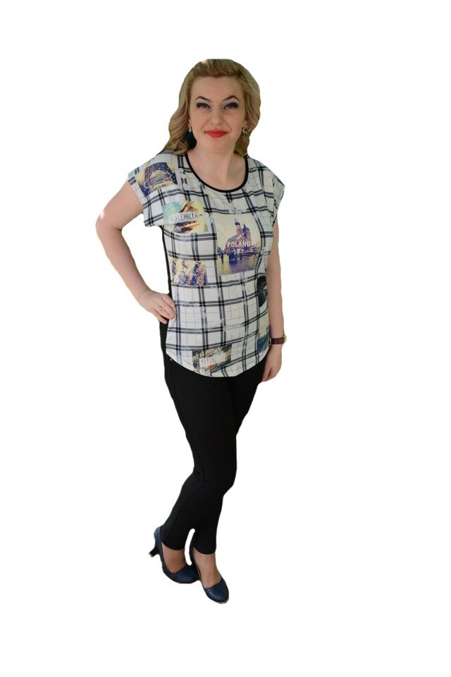 Tricou fashion cu imprimeu de carouri si foto pe fond alb, D&J Exclussive, Negru-Alb