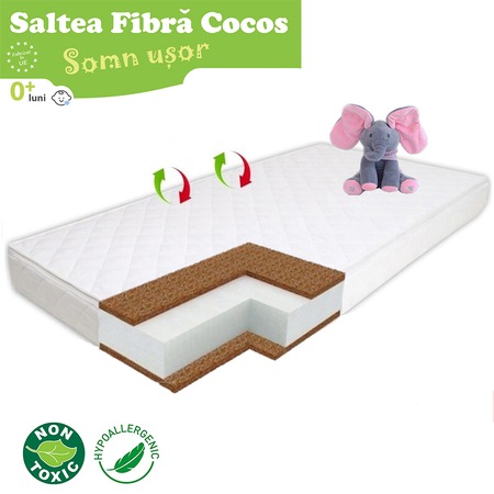 Saltea pentru Bebelusi Somn Usor, 120x60x12, Fibra de Cocos, Husa Antialergica & Lavabila, Alb