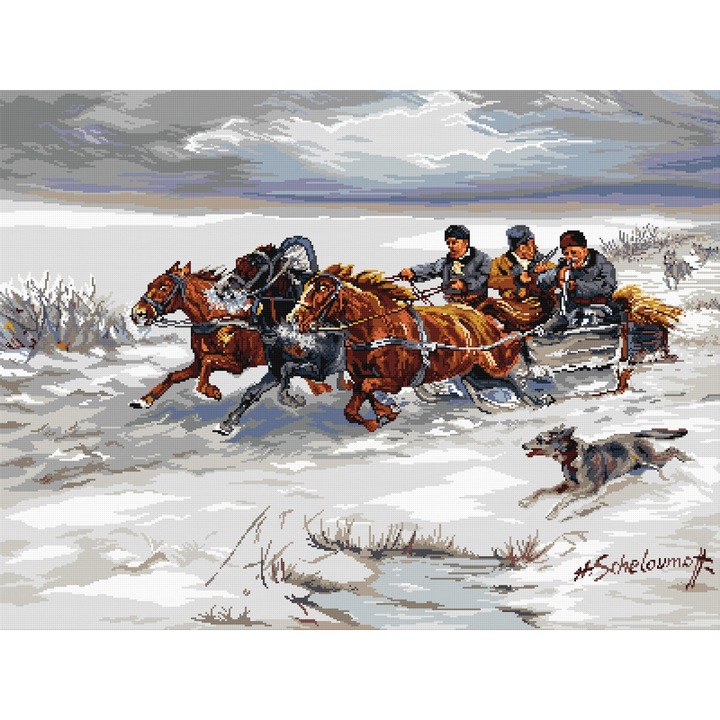 Goblen Troika , Hudemas , kit goblen cu diagrama alb negru , cu fire mouline