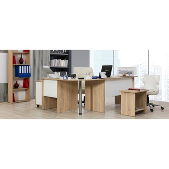 Set birou Alpino Omega culoare stejar/alb 4 piese ,masa birou 200x140x74.3,dulapior cu sertare 45x50x64.6,dulap acte 58x23.5x170,masuta cafea 55x40x50 Set birou Alpino Omega culoare stejar/alb 4 piese ,masa birou 200x140x74.3,dulapior cu sertare 45x50x64.6,dulap acte 58x23.5x170,masuta cafea 55x40x50