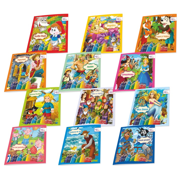 Set 12 carti de colorat si povesti pentru copii