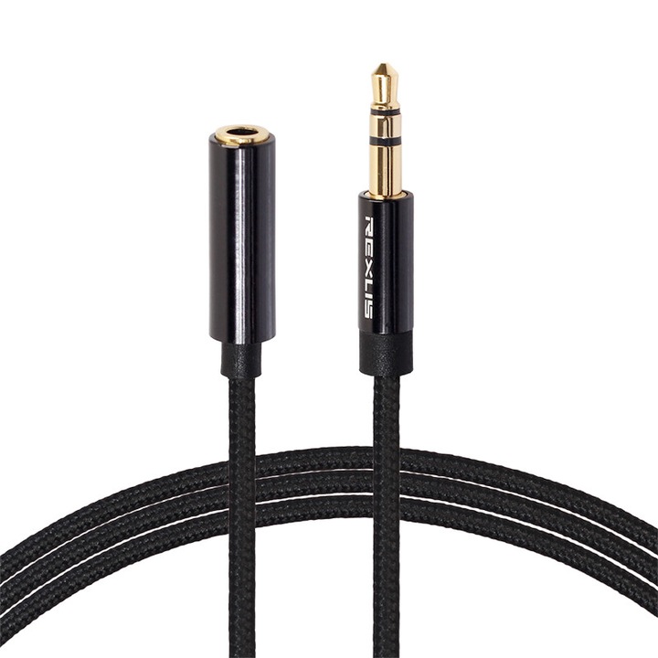 Cablu audio prelungitor cu mufa Jack 3.5mm, mama si tata, cablu ultra rezistent si flexibil, textil, 1.8 metri, Negru, BBL817