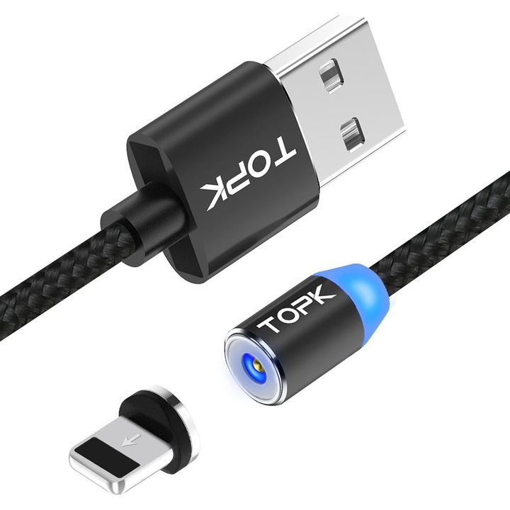 Cablu de incarcare magnetic, TOPK, LED, lungime 1m, 2.4A USB la Micro USB 8 pini, rotatie 360, compatibil cu iPhone sau iPad, negru