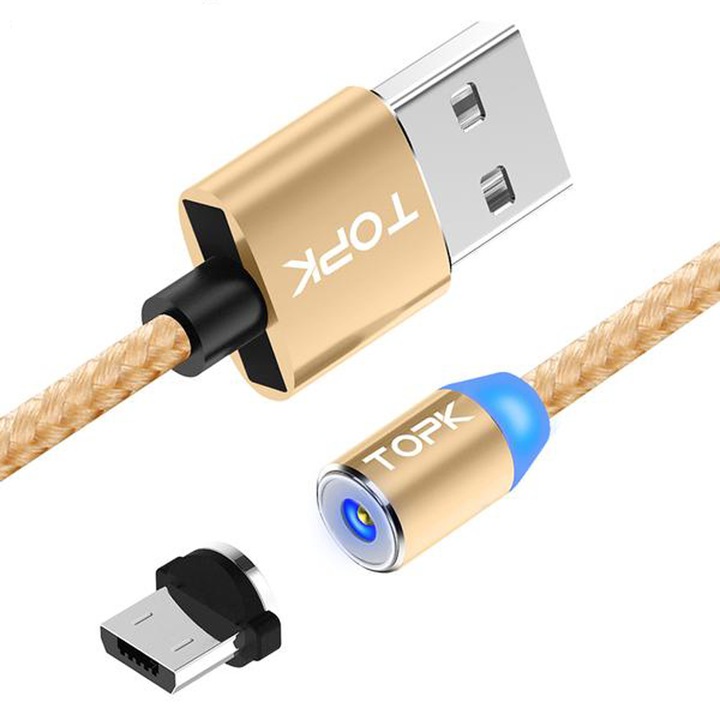Cablu de incarcare magnetic LED 1m, TOPK, 2.4A USB Micro USB rotatie 360, compatibil cu Android Samsung LG HTC Huawei Google Xiaomi, gold