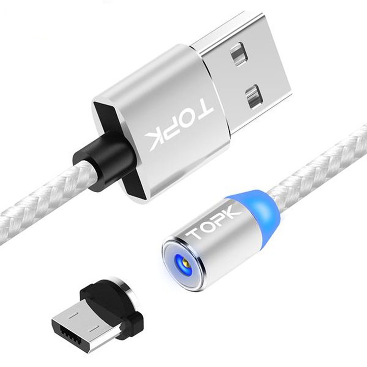 Mágneses töltőkábel, TOPK, LED, hossz 1m, 2.4A, USB Micro USB, 360 fokos forgás, Samsung LG HTC Huawei Google Xiaomi kompatibilis, ezüst