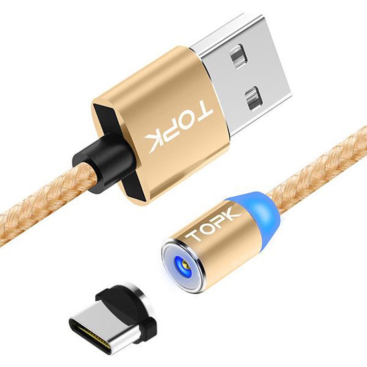 Cablu de incarcare magnetic LED 1m TOPK 2.4A USB Type-C USB-C rotatie 360 Android LG HTC Nexus Allview Huawei, gold