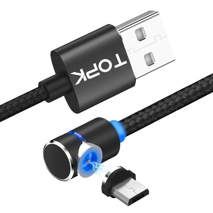 Cablu de incarcare magnetic LED 1m, TOPK, 2.4A USB Micro USB unghi 90 grade rotatie 360, compatibil cu Samsung LG HTC Huawei Google Xiaomi, negru