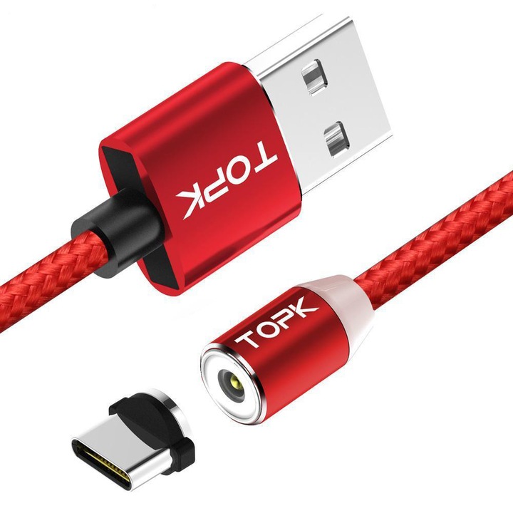Cablu de incarcare magnetic LED 1m TOPK 2.4A USB Type-C USB-C rotatie 360 Android LG HTC Nexus Allview Huawei, rosu