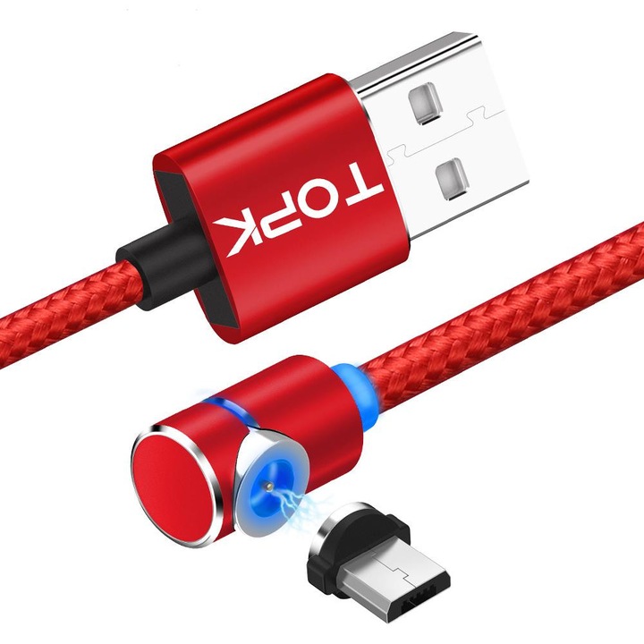 Cablu de incarcare magnetic LED 1m TOPK 2.4A USB Micro USB unghi 90 grade rotatie 360 compatibil cu Samsung LG HTC Huawei Google Xiaomi, rosu