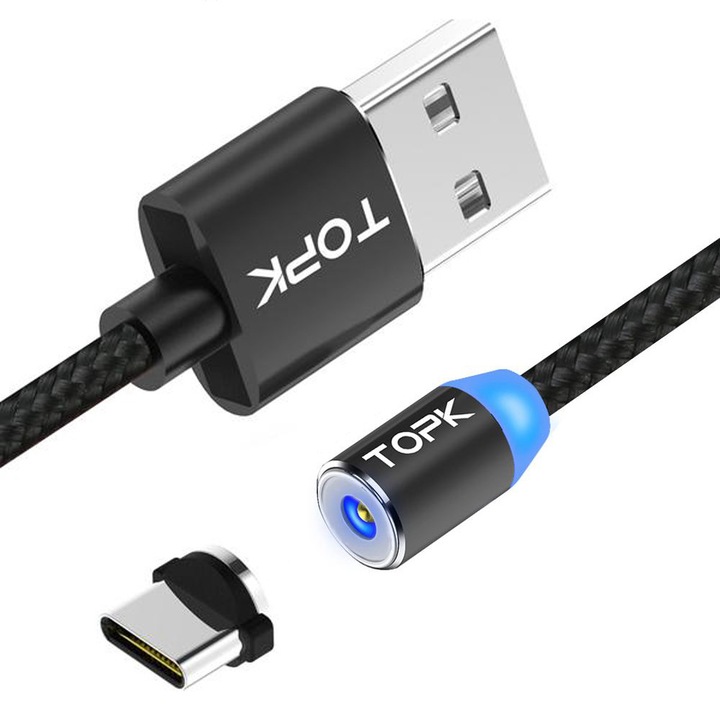 Cablu de incarcare magnetic LED 1m TOPK 2.4A USB Type-C USB-C rotatie 360 Android LG HTC Nexus Allview Huawei, negru