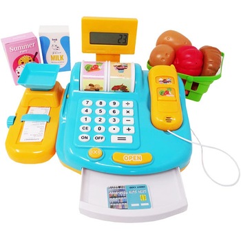 Jucarie Casa de Marcat cu Cantar Incorporat, Scaner, Cos cu Alimente si Bani Jucarie Casa de Marcat cu Cantar Incorporat, Scaner, Cos cu Alimente si Bani