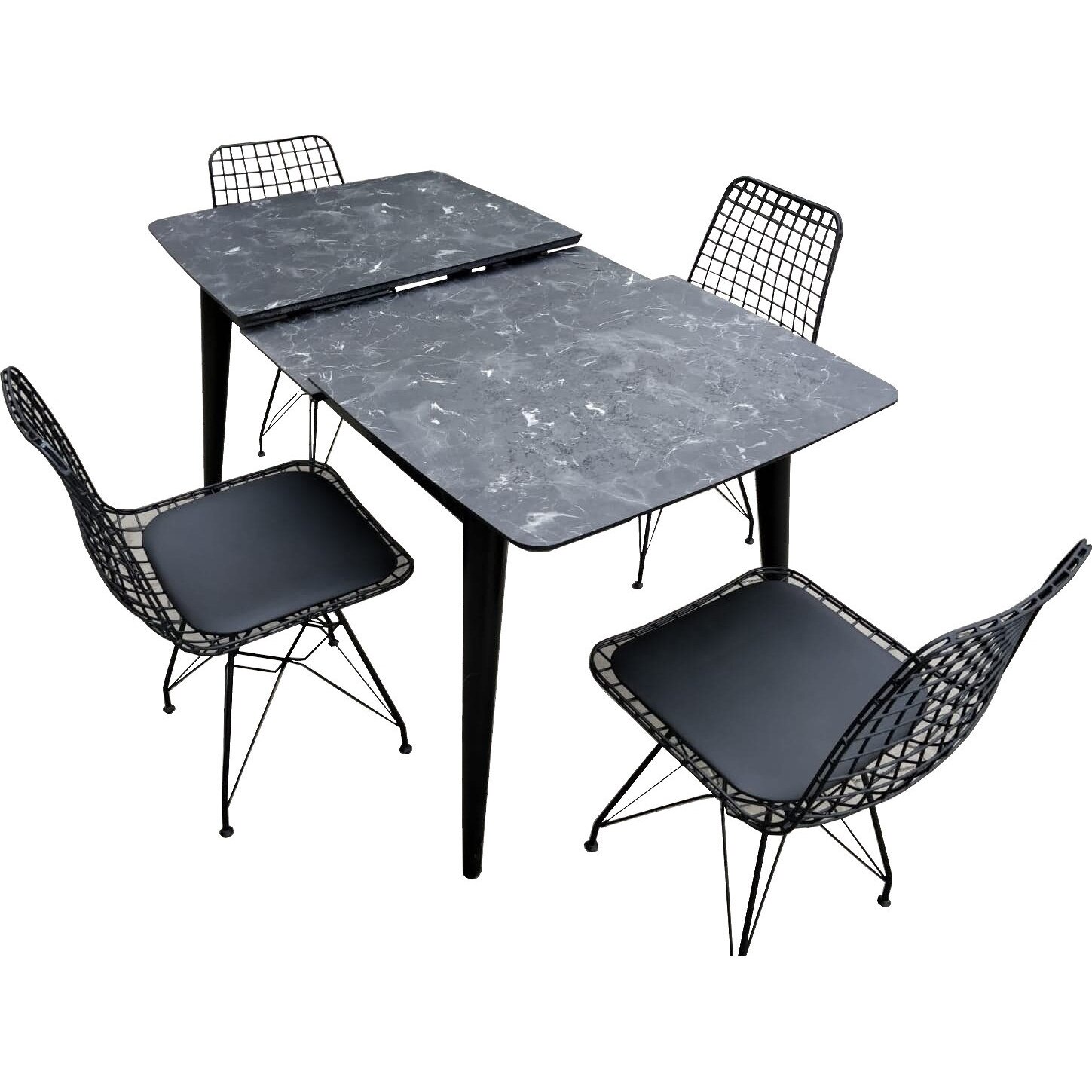 Secure Rest Accurate Set masa extensibila din MDF Parlayan® Granith cu 4 scaune metalice cu  sezut textil, 80X120 pliata, 80X150 extinsa, pentru terasa, gradina, living  si bucatarie, Negru - eMAG.ro