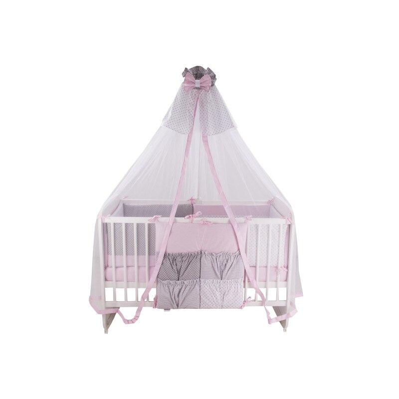 Lenjerie patut bebe Deluxe MyKids Dots Pink-Grey 11 Piese 120x60 cm