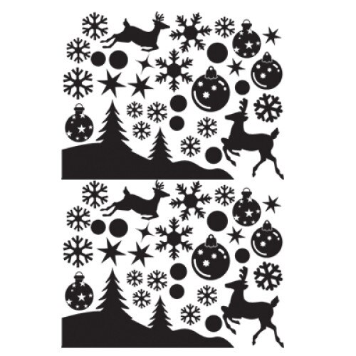 Sticker decorativ Iarna cu fulgi, reni si globulete albe, 60 cm x 40 cm