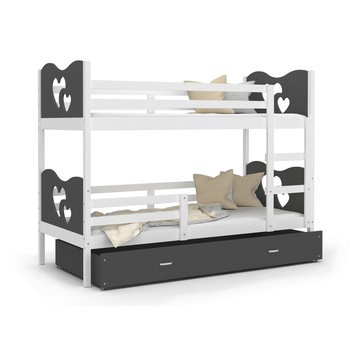 Pat supraetajat Eurotel, MAX, Model cu inimi, 160x80 cm, Saltea inclusa, MDF, Alb/Gri Pat supraetajat Eurotel, MAX, Model cu inimi, 160x80 cm, Saltea inclusa, MDF, Alb/Gri