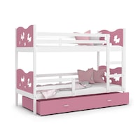 Pat supraetajat Eurotel, MAX, Model cu fluturi, 160x80 cm, Saltea inclusa, MDF, Alb/Roz