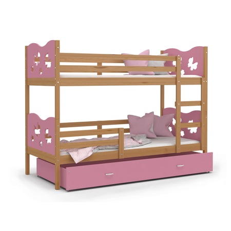 Pat supraetajat Eurotel, MAX, Model cu fluturi, 160x80 cm, Saltea inclusa, MDF, Roz/Maro