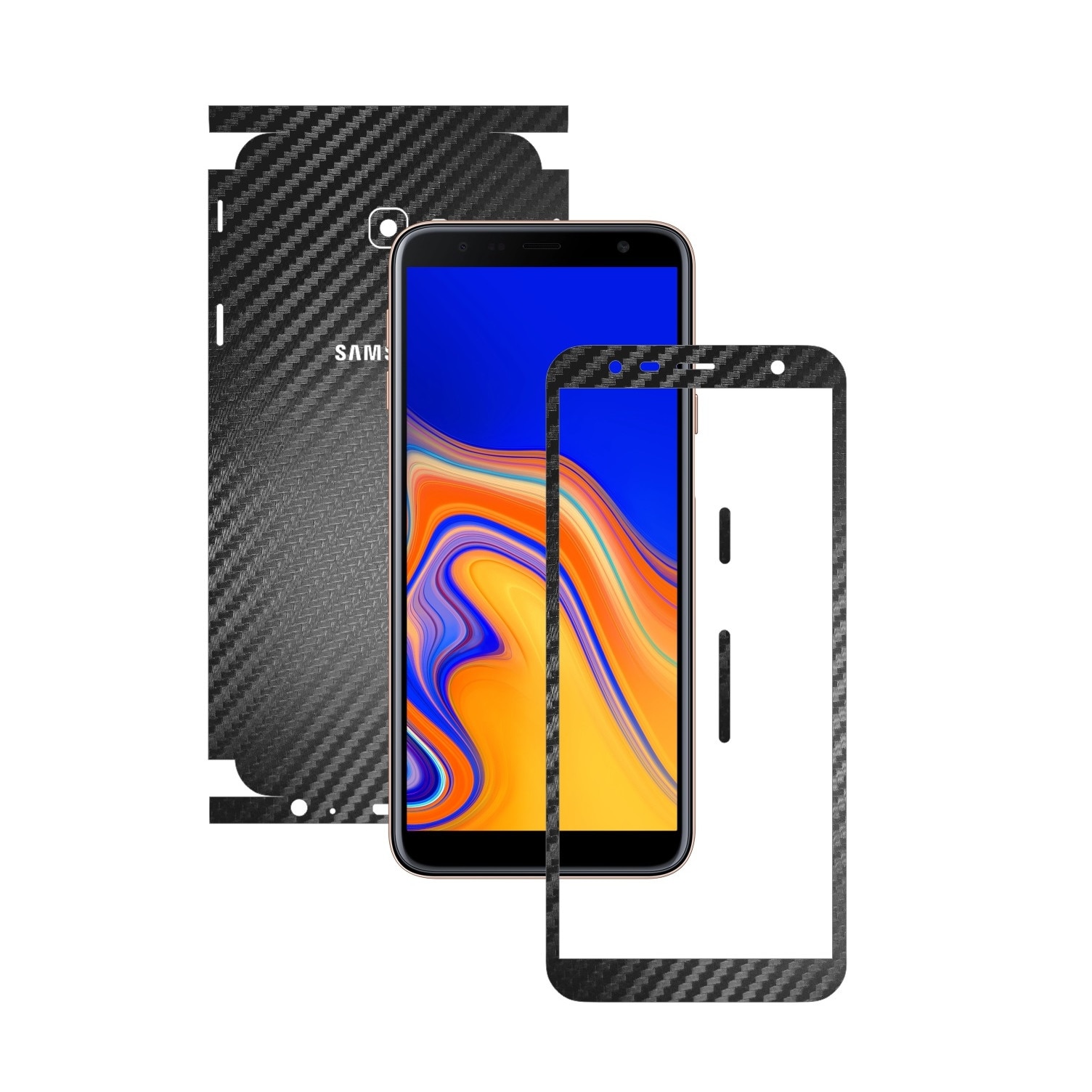Folie Protectie Carbon Skinz pentru Samsung Galaxy J4+ Plus - Carbon Negru 360 Cut, Skin Adeziv Full Body Cover pentru Rama Ecran, Carcasa Spate si Laterale
