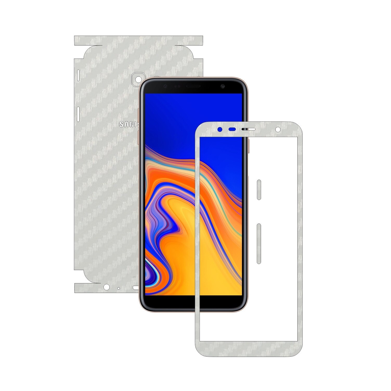 Folie Protectie Carbon Skinz pentru Samsung Galaxy J4+ Plus - Carbon Alb 360 Cut, Skin Adeziv Full Body Cover pentru Rama Ecran, Carcasa Spate si Laterale