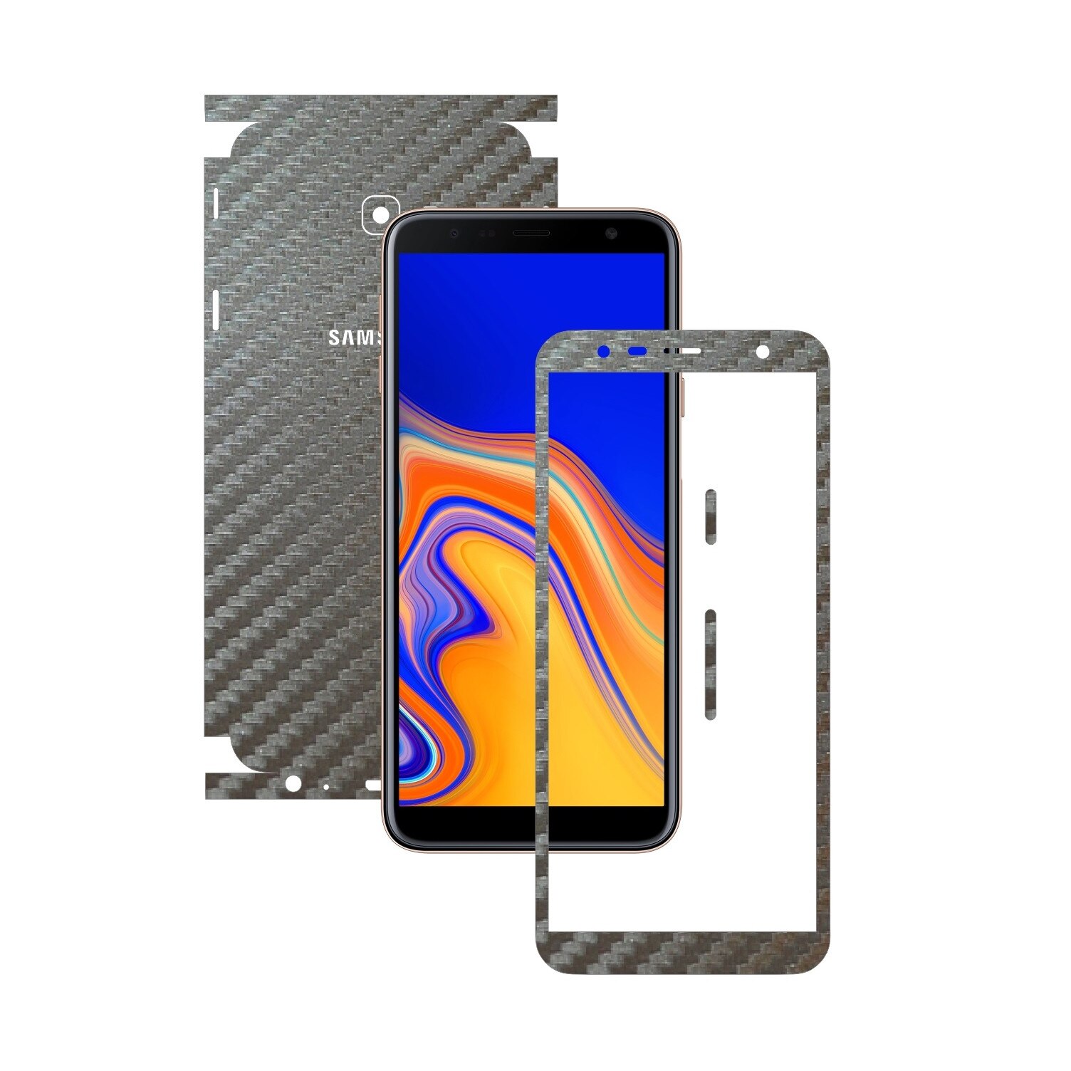 Folie Protectie Carbon Skinz pentru Samsung Galaxy J4+ Plus - Carbon Gri Argintiu 360 Cut, Skin Adeziv Full Body Cover pentru Rama Ecran, Carcasa Spate si Laterale