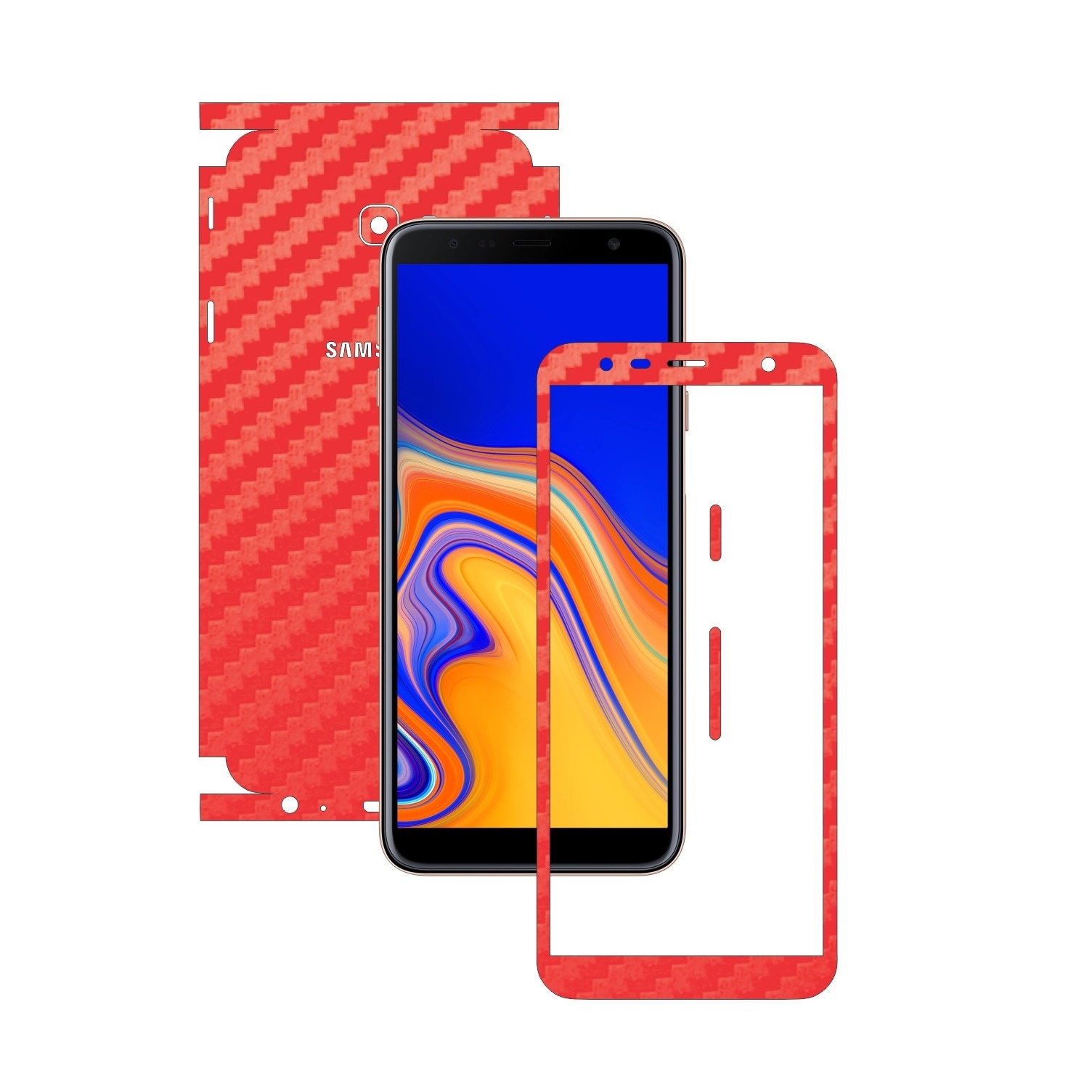 Folie Protectie Carbon Skinz pentru Samsung Galaxy J4+ Plus - Carbon Rosu 360 Cut, Skin Adeziv Full Body Cover pentru Rama Ecran, Carcasa Spate si Laterale