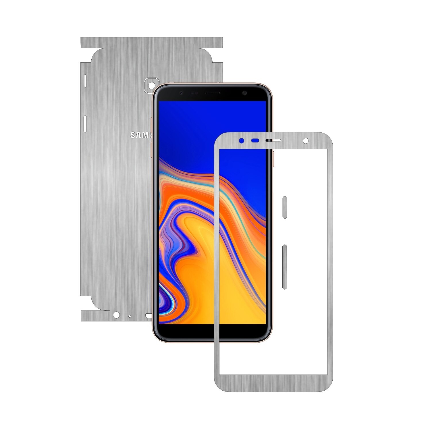 Folie Protectie Carbon Skinz pentru Samsung Galaxy J4+ Plus - Brushed Argintiu 360 Cut, Skin Adeziv Full Body Cover pentru Rama Ecran, Carcasa Spate si Laterale