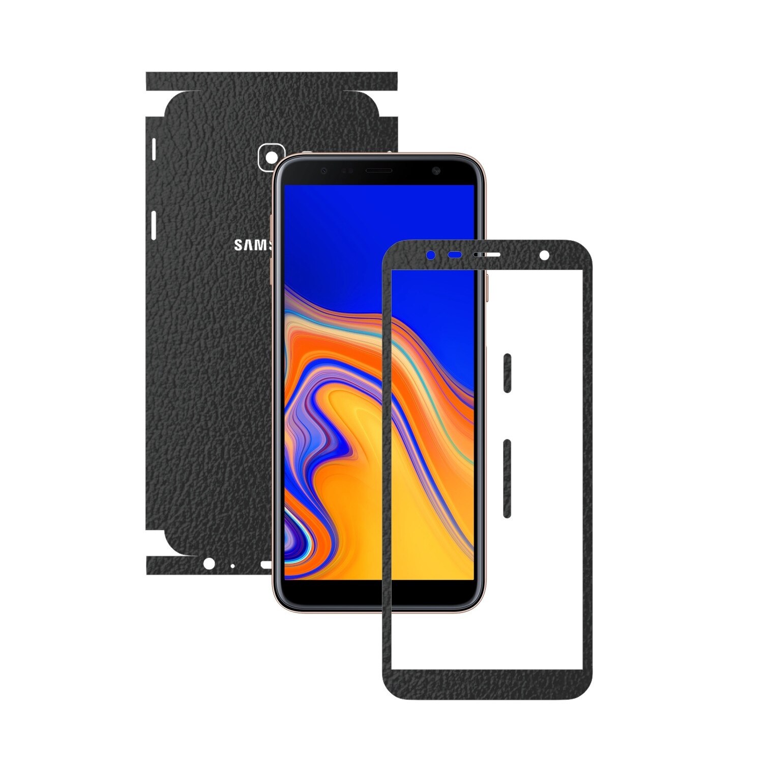 Folie Protectie Carbon Skinz pentru Samsung Galaxy J4+ Plus - Piele Neagra 360 Cut, Skin Adeziv Full Body Cover pentru Rama Ecran, Carcasa Spate si Laterale