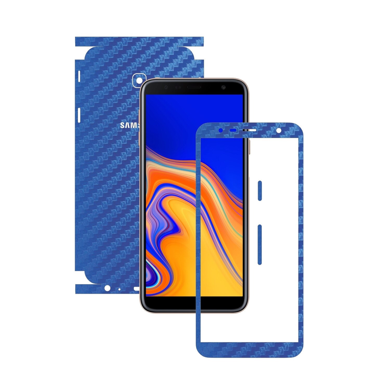 Folie Protectie Carbon Skinz pentru Samsung Galaxy J4+ Plus - Carbon Albastru 360 Cut, Skin Adeziv Full Body Cover pentru Rama Ecran, Carcasa Spate si Laterale