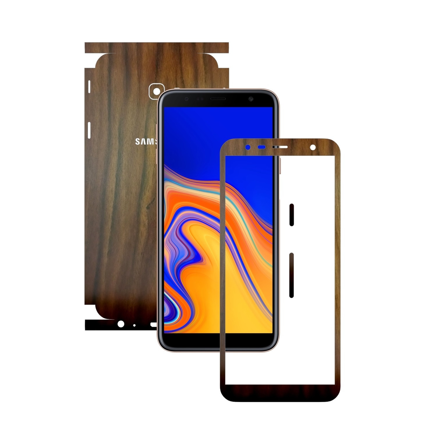 Folie Protectie Carbon Skinz pentru Samsung Galaxy J4+ Plus - Lemn Nuc 360 Cut, Skin Adeziv Full Body Cover pentru Rama Ecran, Carcasa Spate si Laterale