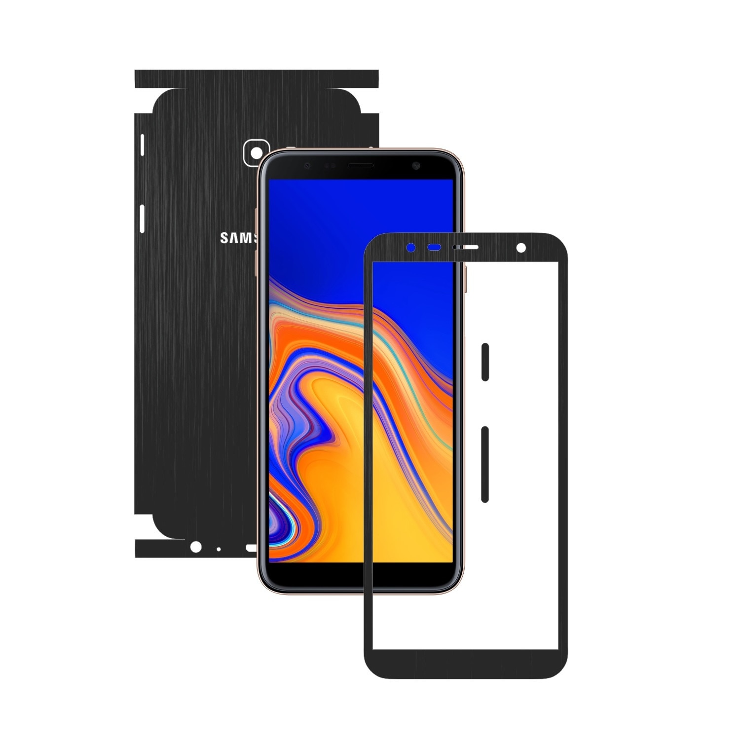 Folie Protectie Carbon Skinz pentru Samsung Galaxy J4+ Plus - Brushed Negru 360 Cut, Skin Adeziv Full Body Cover pentru Rama Ecran, Carcasa Spate si Laterale