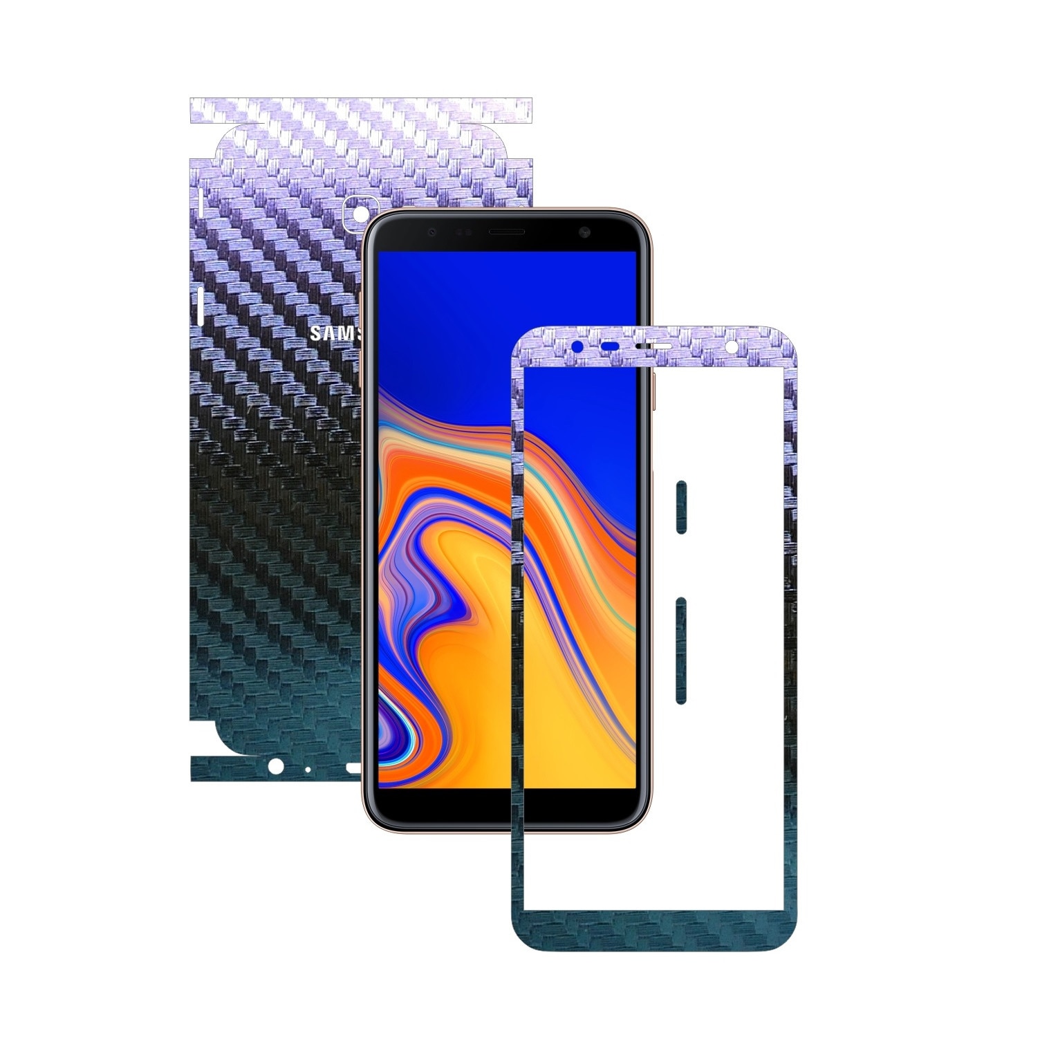 Folie Protectie Carbon Skinz pentru Samsung Galaxy J4+ Plus - Carbon Cameleon 360 Cut, Skin Adeziv Full Body Cover pentru Rama Ecran, Carcasa Spate si Laterale