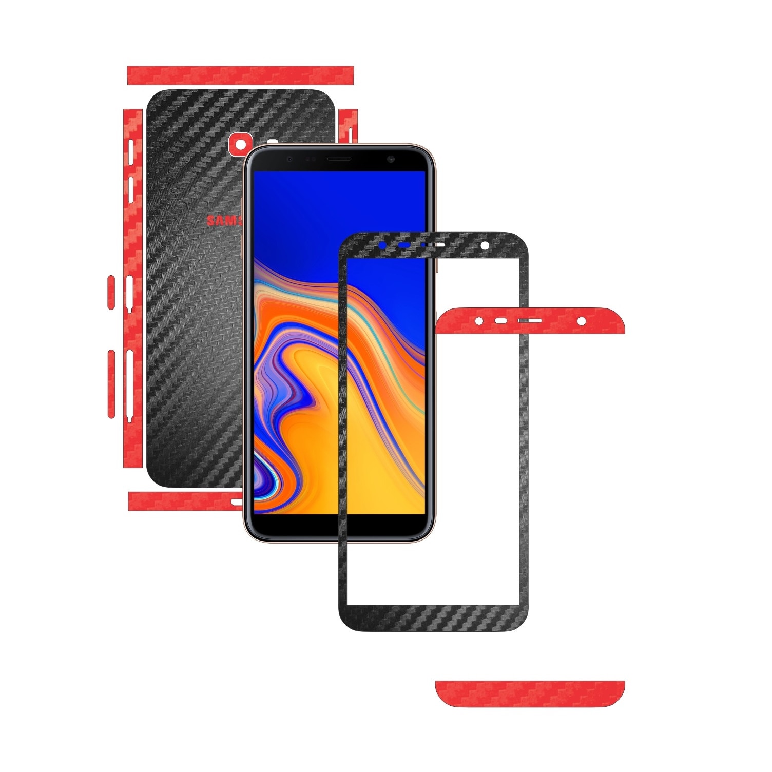 Folie Protectie Carbon Skinz pentru Samsung Galaxy J4+ Plus - Carbon Two Tone Negru / Rosu, Skin Adeziv Full Body Cover pentru Rama Ecran, Carcasa Spate si Laterale