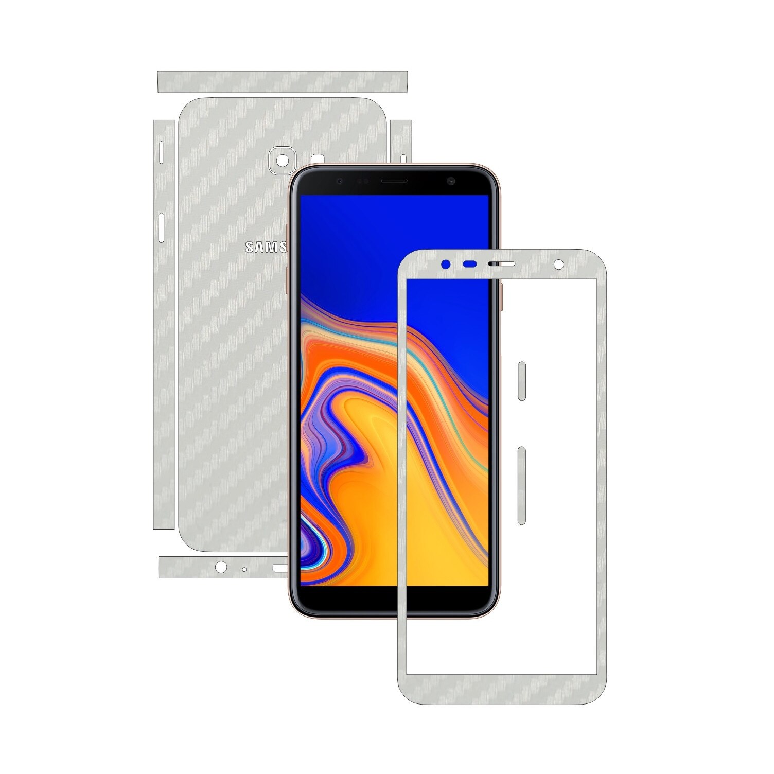 Folie Protectie Carbon Skinz pentru Samsung Galaxy J4+ Plus - Carbon Alb Split Cut, Skin Adeziv Full Body Cover pentru Rama Ecran, Carcasa Spate si Laterale