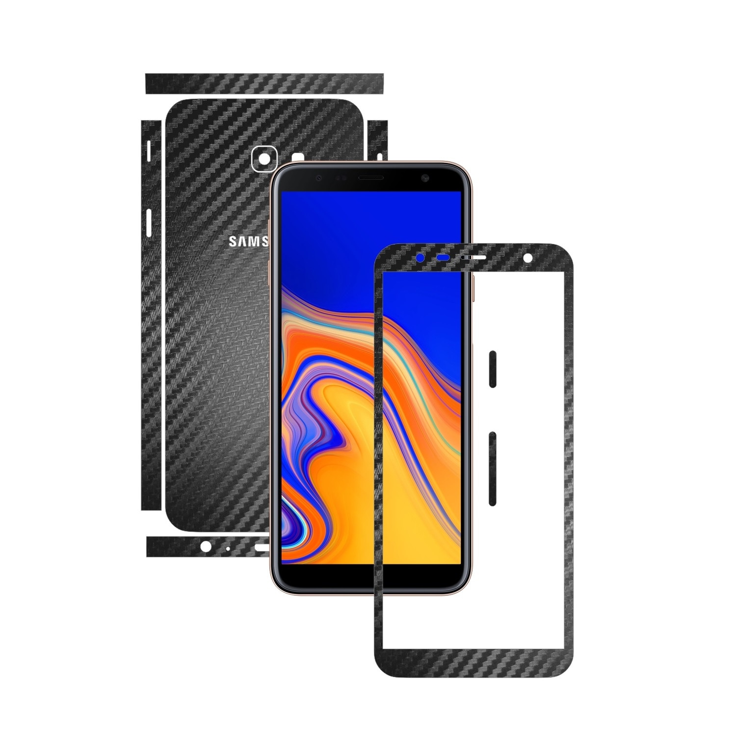 Folie Protectie Carbon Skinz pentru Samsung Galaxy J4+ Plus - Carbon Negru Split Cut, Skin Adeziv Full Body Cover pentru Rama Ecran, Carcasa Spate si Laterale
