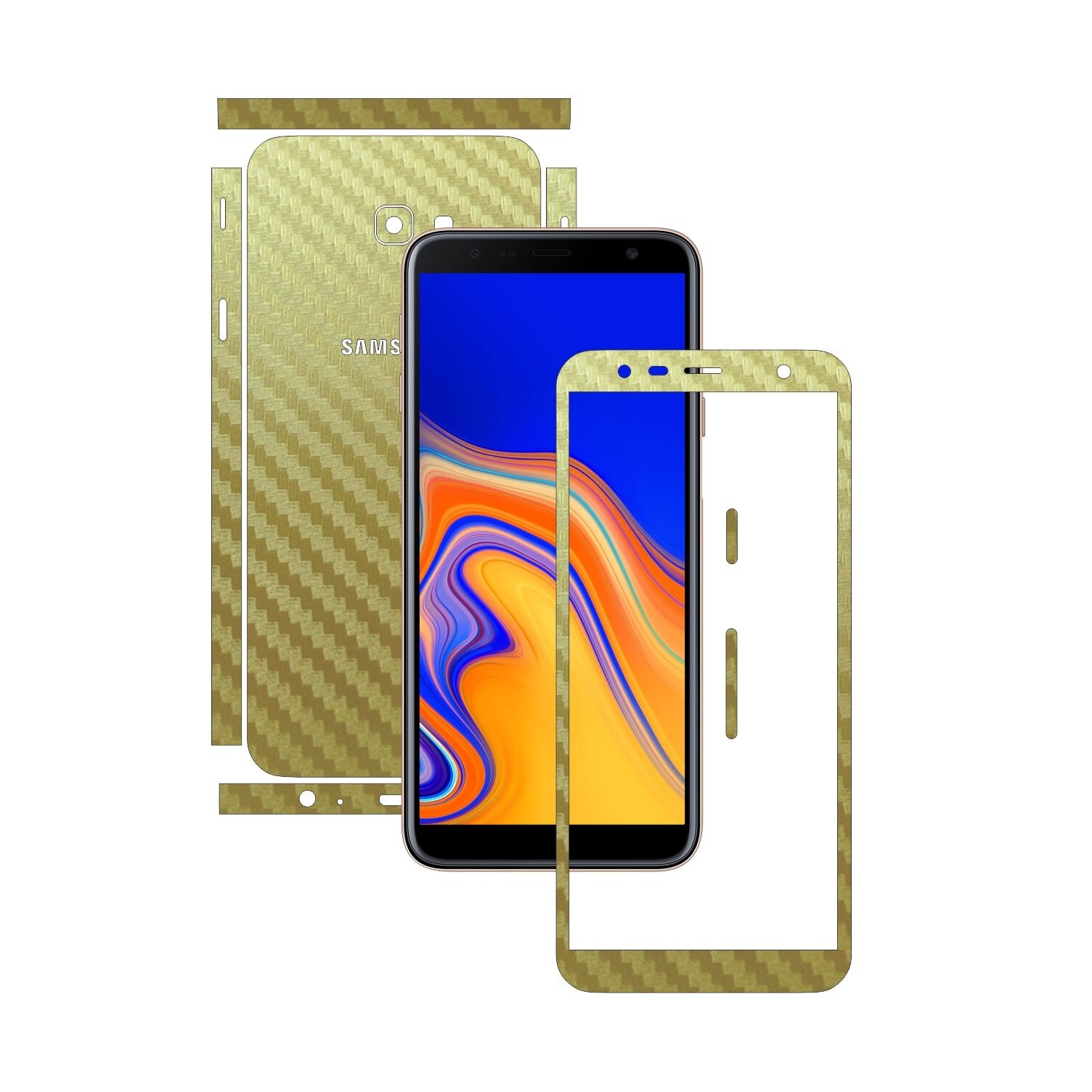 Folie Protectie Carbon Skinz pentru Samsung Galaxy J4+ Plus - Carbon Auriu Split Cut, Skin Adeziv Full Body Cover pentru Rama Ecran, Carcasa Spate si Laterale