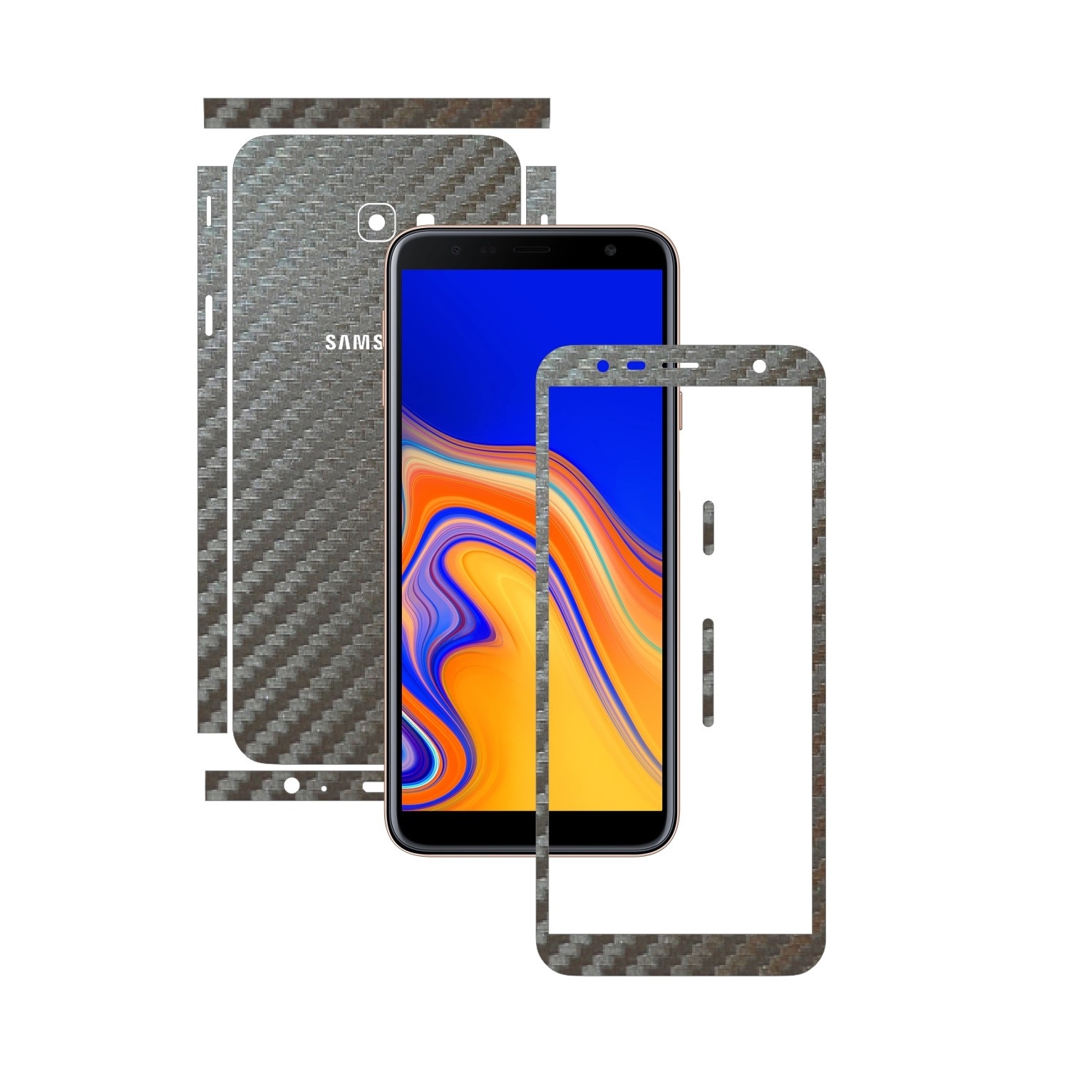 Folie Protectie Carbon Skinz pentru Samsung Galaxy J4+ Plus - Carbon Gri Argintiu Split Cut, Skin Adeziv Full Body Cover pentru Rama Ecran, Carcasa Spate si Laterale