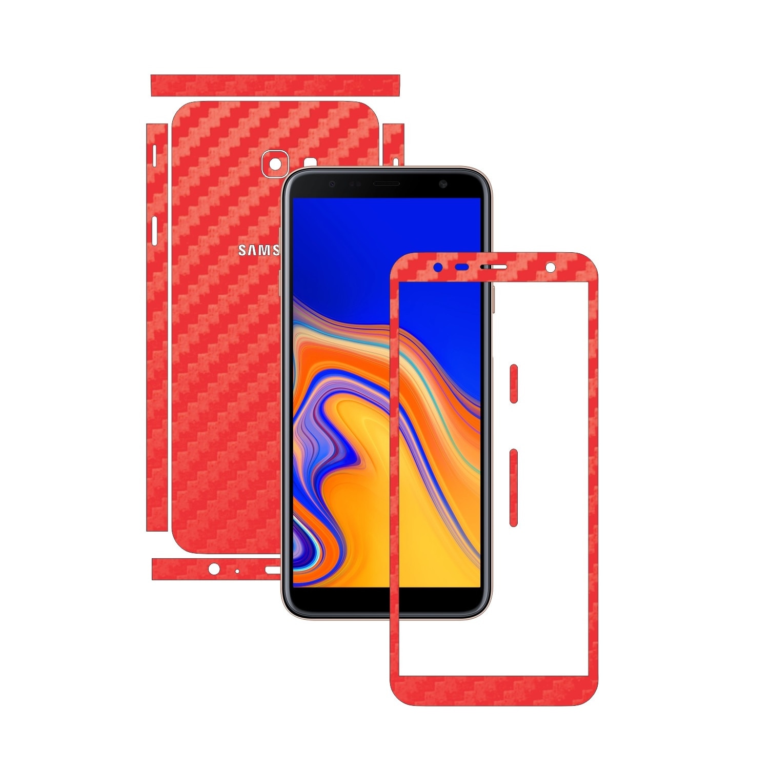 Folie Protectie Carbon Skinz pentru Samsung Galaxy J4+ Plus - Carbon Rosu Split Cut, Skin Adeziv Full Body Cover pentru Rama Ecran, Carcasa Spate si Laterale