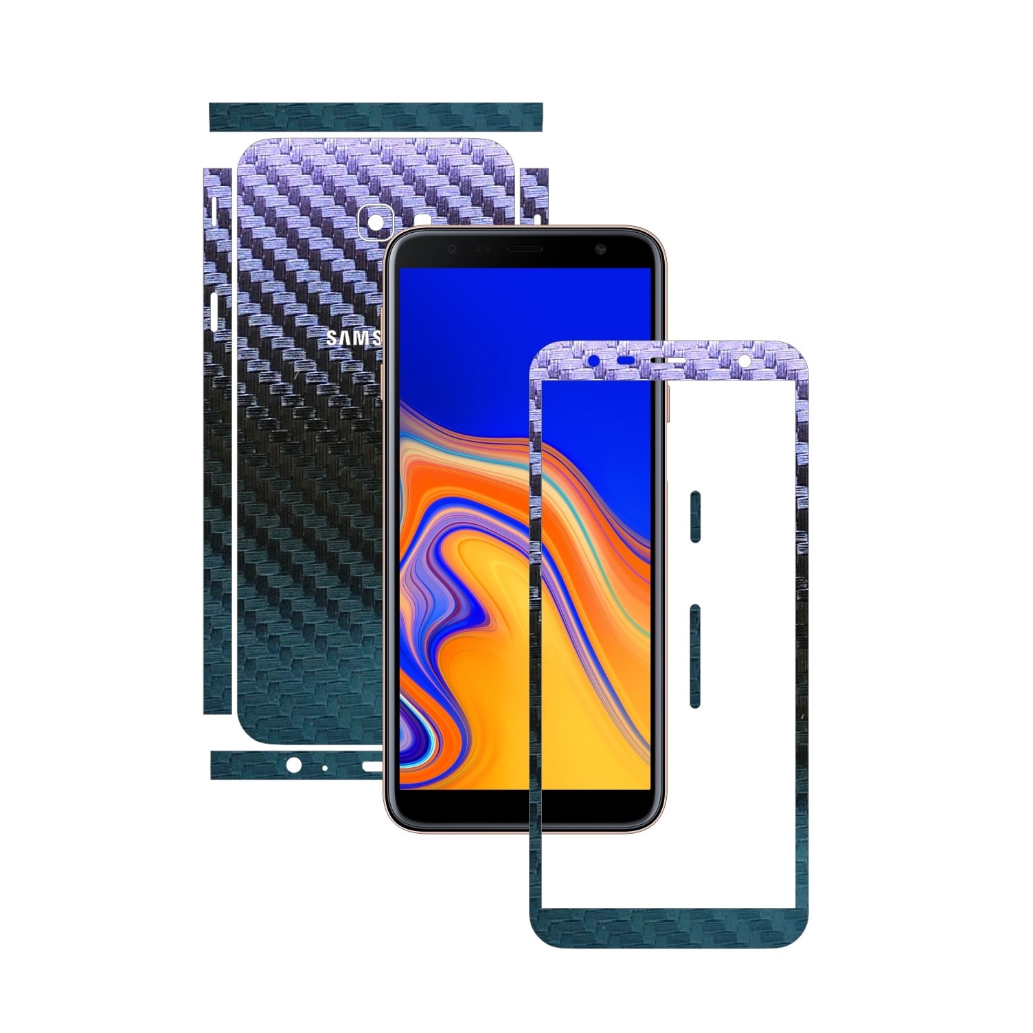 Folie Protectie Carbon Skinz pentru Samsung Galaxy J4+ Plus - Carbon Cameleon Split Cut, Skin Adeziv Full Body Cover pentru Rama Ecran, Carcasa Spate si Laterale